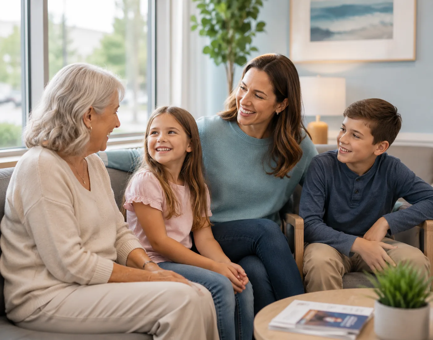 A family of three generations smiling together at Hampton Family Dental in Southampton, PA