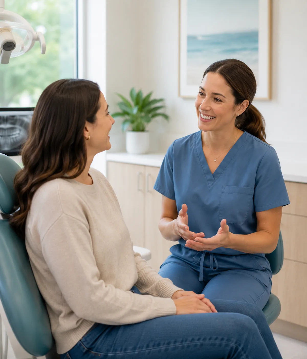 A dentist talking calmly with a new patient at Hampton Family Dental in Southampton, PA