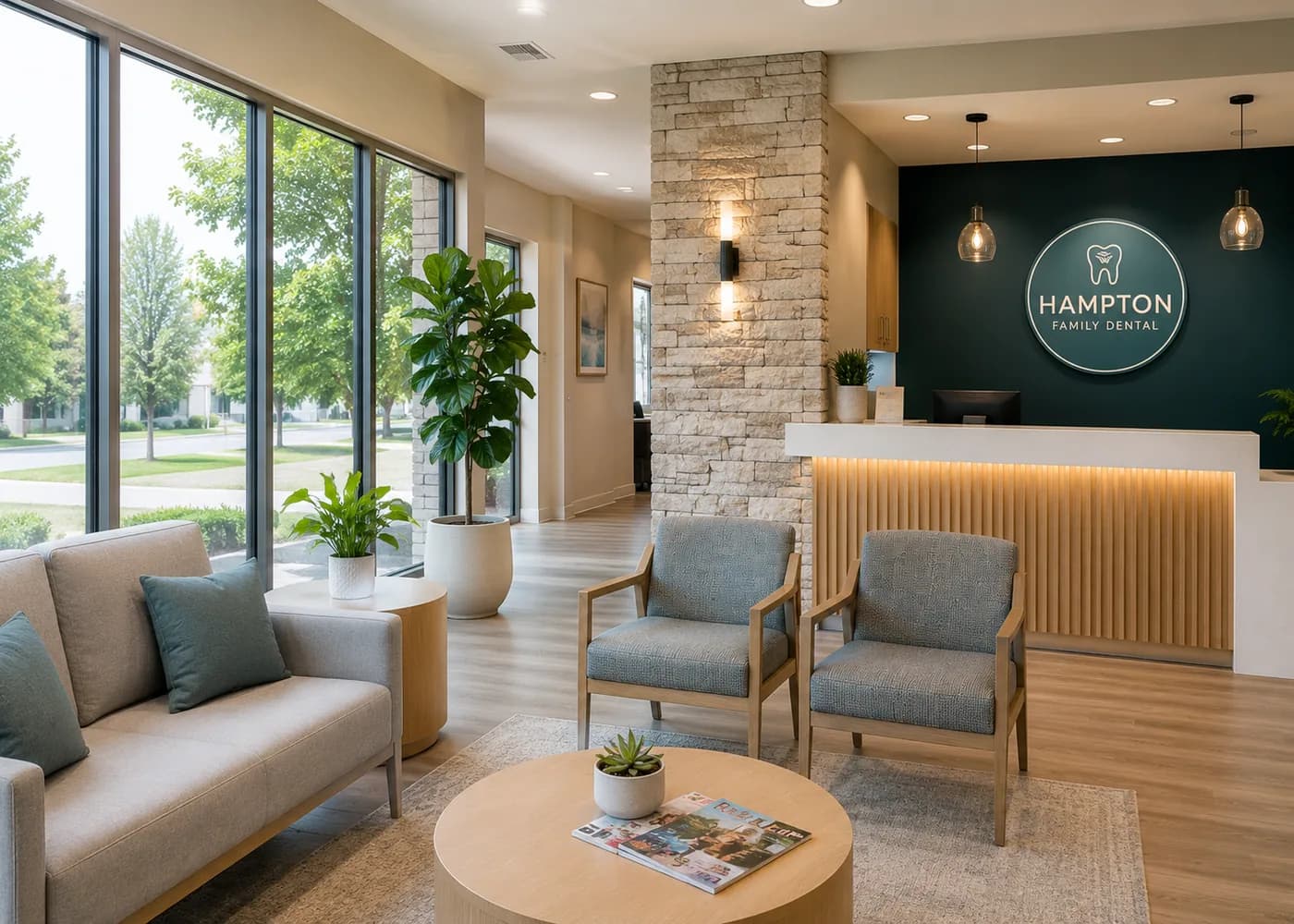 The reception and waiting area at Hampton Family Dental in Southampton, PA