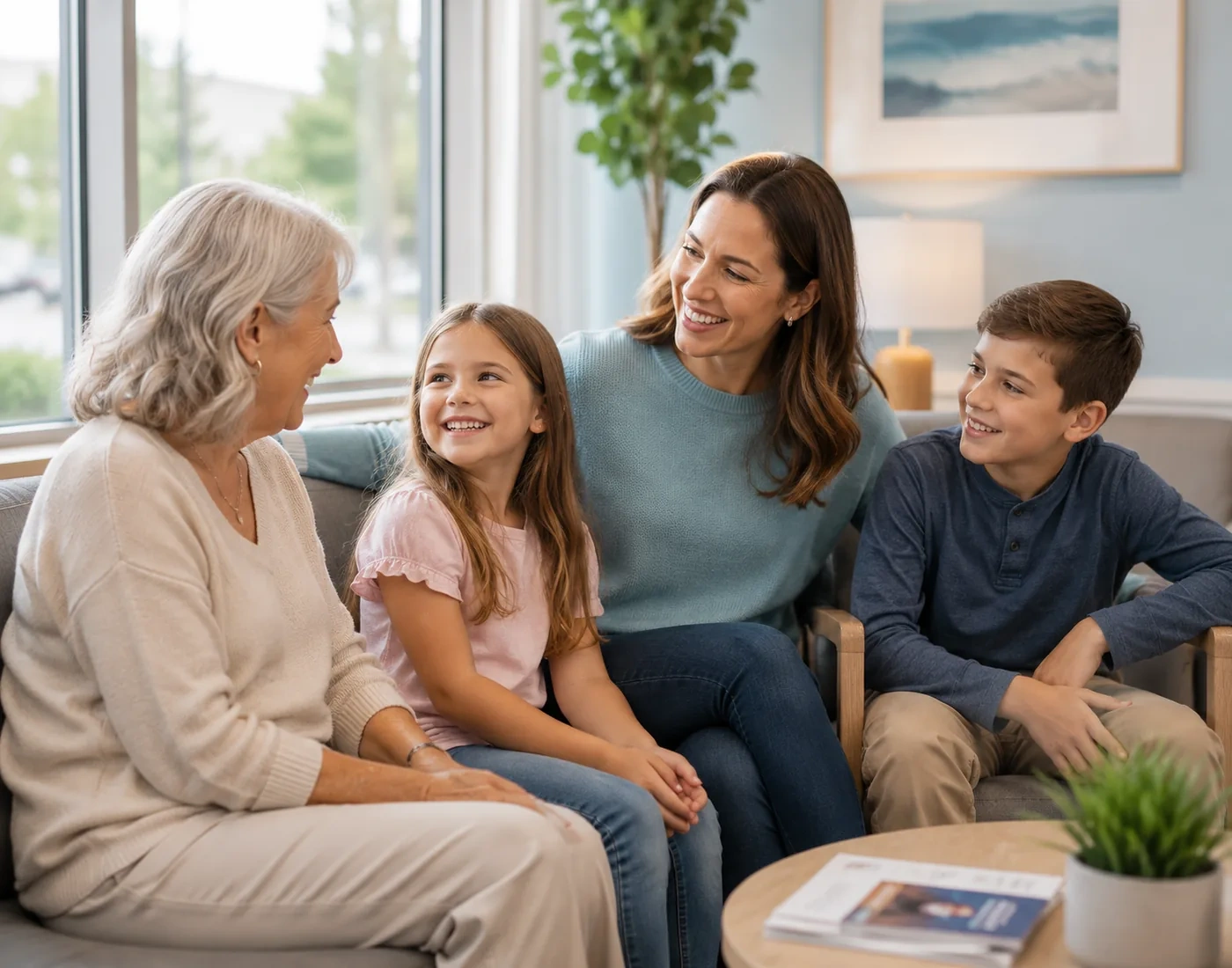 A family of three generations smiling together at Hampton Family Dental in Southampton, PA